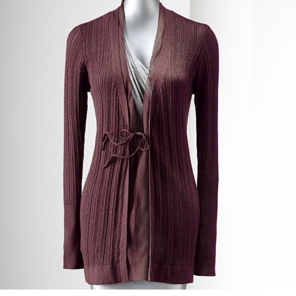 Burgundy Pointelle Crochet Lace Chiffon Trim Long Cardigan Simply Vera Small New